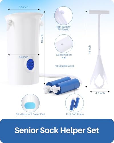Jellas 4.6 Inch Wide Sock Aid Kit - Long Rope Assist Device for Seniors, Limited Mobility, Post-Surgery | No Bend Sock Helper & Remover | Easy On/Off Socks Tool (White)