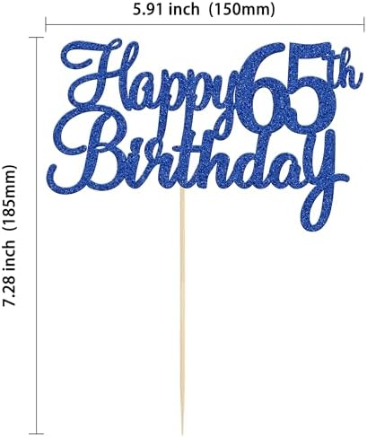 Gyufise 1Pc Happy 65th Birthday Cake Topper Blue Glitter 65th Birthday Cake Pick Cheers to 65 Years Old Sixty Five and Fabulous Cake Decorations for 65th Birthday Wedding Anniversary Party Supplies