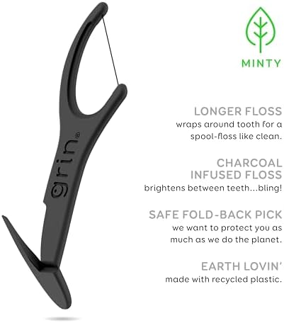 GRIN White Charcoal Infused Flosspyx, 75 Count, Dental Flossers, Minty Flavor, Recycled Plastic, Charcoal Infused Floss Picks, Premium Longer Floss Head, Easy Slide, Includes Soft Fold-Back Tooth Pick