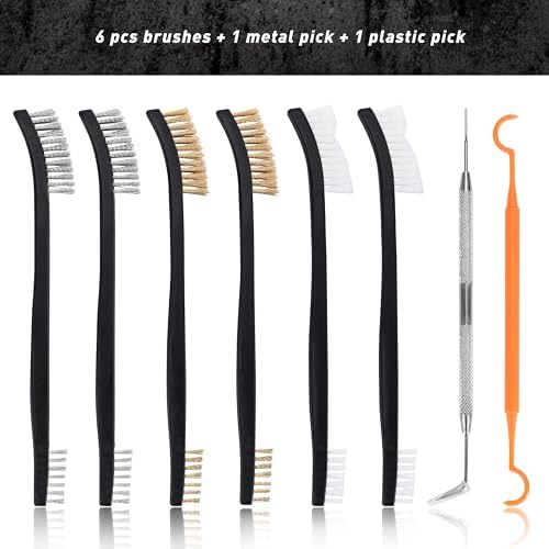 BOOSTEADY Gun Cleaning Brush & Hook Kit in Zippered Organizer Carry Case (8 Pieces) - Double End Brass Steel Nylon Bristle Brushes & Metal Polymer Hooks
