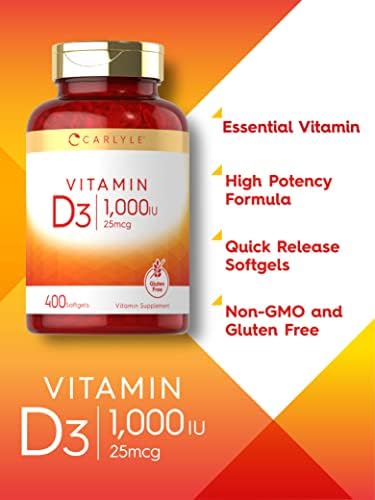 Carlyle Vitamin D3 1000IU | 25 mcg | 400 Softgels | High Potency | Non-GMO & Gluten Free Supplement