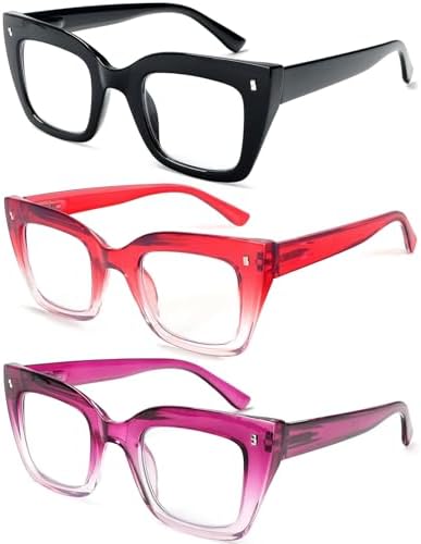 REAVEE 3 Pack Designer Stylish Blue Light Blocking Reading Glasses for Women, Computer Fashion Cute Readers with Spring Hinge