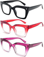 REAVEE 3 Pack Designer Stylish Blue Light Blocking Reading Glasses for Women, Computer Fashion Cute Readers with Spring Hinge