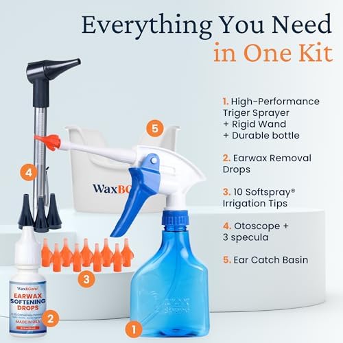 WaxBGone Ear Wax Removal Kit with SoftSpray Irrigation Tips, 4X High Output Sprayer & Ear Basin - Safe, Fast, Gentle Ear Cleaning Kit for Adults & Kids at Home - Premium Kit with Otoscope + Ear Drops