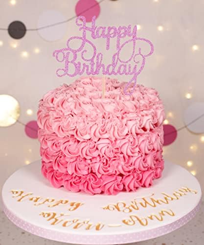 Happy Birthday Cake Topper - Pink Glitter Happy Birthday Cake Bunting Decor - Anniversary Party Cake Decoration Supplies, for Photo Booth Props