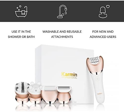 Karmin 5 in1 Wet Dry Epilator for Women Hair Removal, Cordless Electric Shaver, Trimmer, Facial, Body, Arm, Leg Hair Remover, USB Rechargeable, Waterproof, Shave, Exfoliate, Smooth, Buff, Massage