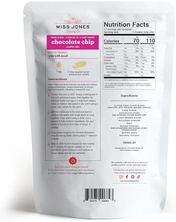 Miss Jones Baking Gluten-Free Chocolate Chip Cookie Mix - More Chocolate Chips, 50% Lower Sugar, Naturally Sweetened Desserts & Treats, 13 Ounce (Pack of 1)