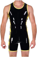 Latex clothing Handmade Latex Jumpsuit Rubber Catsuit Sleeveless Fitness Set With Crotch Zip Black With Yellow For Men