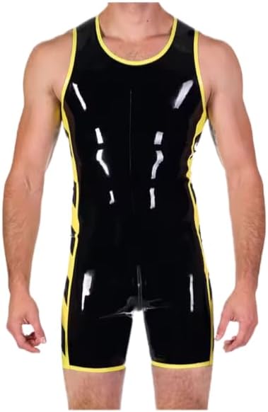 Latex clothing Handmade Latex Jumpsuit Rubber Catsuit Sleeveless Fitness Set With Crotch Zip Black With Yellow For Men