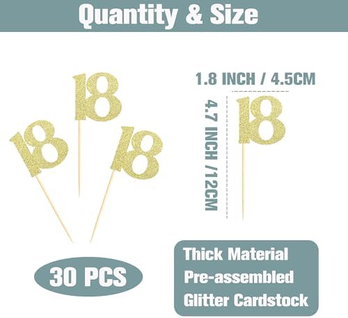 Sotpot 30PCS Gold Glitter 18th Birthday Cupcake Toppers Cheers to 18 Years Cupcake Picks for 18th Birthday Anniversary Party Decorations