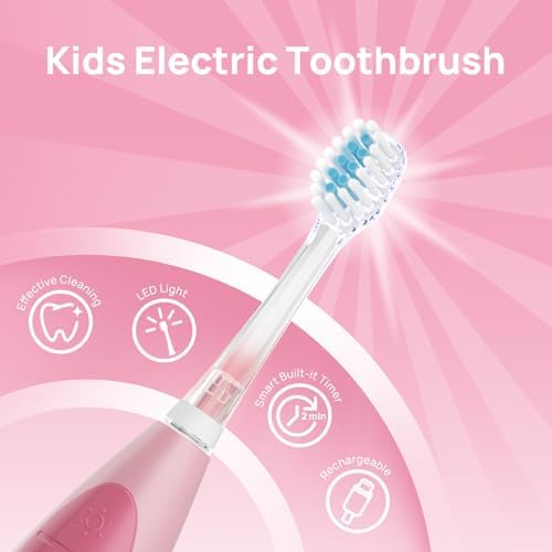 Papablic Kids Electric Toothbrush for Ages 4+ Children Girls and Boys, USB Rechargeable with Smart Brushing Timer, LED Light & 2 Replacement Brush Heads, Pink