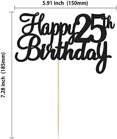 Gyufise 1Pc Happy 25th Birthday Cake Topper Glitter 25th Birthday Cake Pick Cheers to 25 Years Old Twenty five Fabulous Cake Decorations for 25th Birthday Theme Party Supplies Black