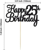 Gyufise 1Pc Happy 25th Birthday Cake Topper Glitter 25th Birthday Cake Pick Cheers to 25 Years Old Twenty five Fabulous Cake Decorations for 25th Birthday Theme Party Supplies Black