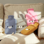 samply Hot Water Bottle with Cute Fleece Cover, Hot Water Bag for Hot and Cold Compress, Hand Feet Warmer, Neck and Shoulder Pain Relief, Grey Bear