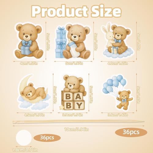 36pcs Baby Shower Bear Cupcake Toppers, 6 Designs Blue Bear Cupcake Picks Selection Jungle Animal Theme Cake Decorations for Baby Shower Gender Reveal Baptism Birthday Party Supplies