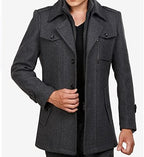 INVACHI Men's Wool Blend Coat Warm Winter Trench Coat with Detachable Soft Scarf Single Breasted Pea Coat