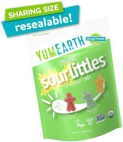 YumEarth Organic Sour Littles Chewy Candy - Allergy Friendly (Top 9 Free), No Artificial Dyes, Non GMO, Gluten Free, Vegan Candy Snacks - 5 Ounce Bag