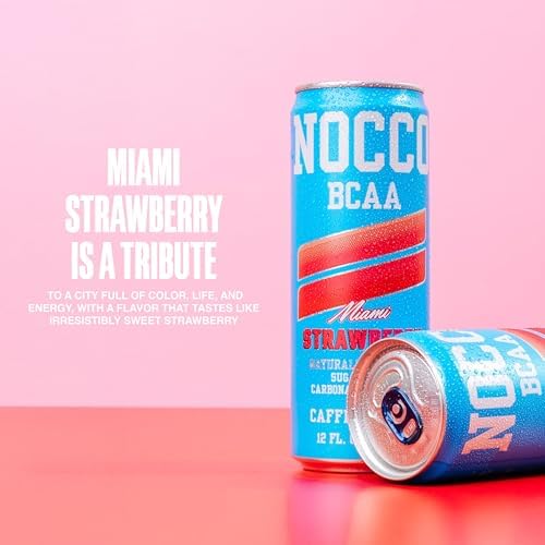 NOCCO Zero Sugar Energy Drink, Miami Strawberry - 12 Fl Oz (Pack of 12) - 180mg Caffeine, Sugar Free, Branched Chain Amino Acids, Carbonated, Low Calorie, B Vitamins, Grab & Go Performance Beverage