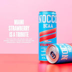 NOCCO Zero Sugar Energy Drink, Miami Strawberry - 12 Fl Oz (Pack of 12) - 180mg Caffeine, Sugar Free, Branched Chain Amino Acids, Carbonated, Low Calorie, B Vitamins, Grab & Go Performance Beverage