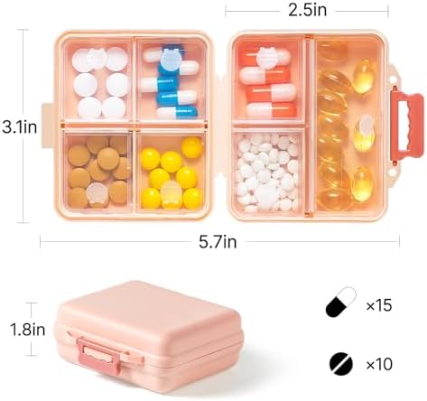 1 Pack Travel Pill Organizer,Portable Daily Pill Box,7 Grid Compartments Weekly Pill Case with Lables,Mini Medicine Organizer Box,Compact Pocket Pharmacy for Purse Vitamin Fish Oil Container (Pink)
