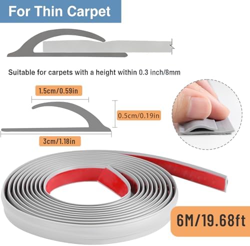 19.6 Ft Self-Adhesive Floor Transition Strip, Carpet Edge Trim & Rug Gripper, Rubber Threshold Ramp for Doorways, Carpet to Tile/Wood/Laminate Flooring Reducer, Anti-Curling Binding Strip (Gray)