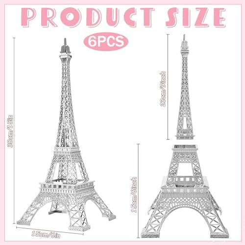 Therwen 6 Pcs 15'' Eiffel Tower Statue Decor Alloy Metal Paris French Eiffel Tower Model Collectible Figurine Paris Craft Art Statue Model Party Decoration Gift for Cake Topper(Silver)