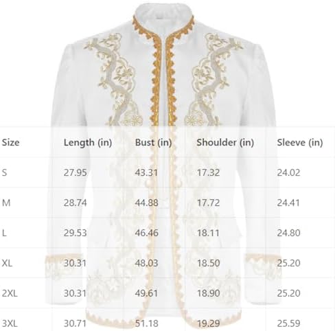 Men'S Embroidered Blazer Jacket Victorian Costume Medieval Prince Cosplay Costumes For Halloween