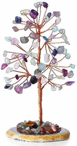 YATOJUZI Rainbow Fluorite Crystal Trees Natural Crystals Stones Gemstones Tree Copper Wire Agate Base Tree of Life Feng Shui Decor Reiki Energy Lucky for Room Desk Home Decors Gifts for Women Men
