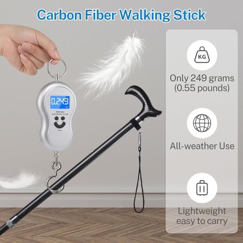 Carbon Fiber Adjustable Crutch with 4-Point Base, Lightweight Forearm Cane for Stability and Support, Ideal for Seniors and Injury Recovery (Black Handle)
