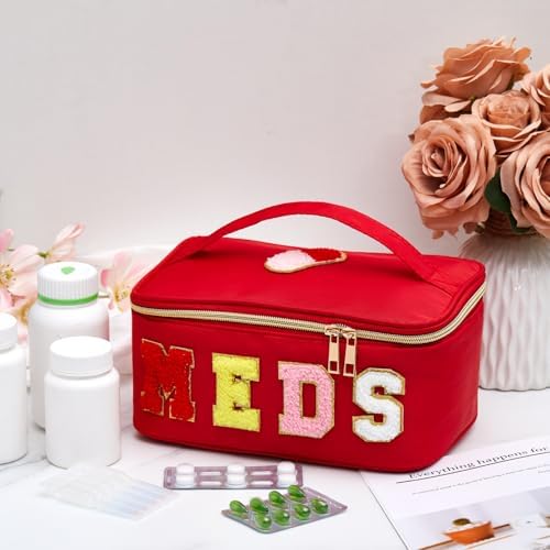 Geetery Clear Makeup Bag Chenille Letter Meds Bag Travel Cases Preppy Patch with Zipper, Portable Cosmetic Toiletry Storage case for Women(Meds,Red)