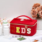 Geetery Clear Makeup Bag Chenille Letter Meds Bag Travel Cases Preppy Patch with Zipper, Portable Cosmetic Toiletry Storage case for Women(Meds,Red)