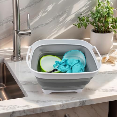 SAMMART 7.5L (2 Gallons) Collapsible Dishpan with Draining Plug - Foldable Washing Basin - Portable Dish Washing Tub - Space Saving Kitchen Storage Tray (White/Grey, 1)