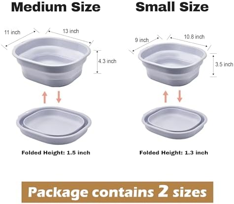 Collapsible Wash Basin Set of 2, Foldable Small Medium Size Wash Basin, Portable Plastic Basins for Laundry, Bottles, Travel, Camping (Light Blue)