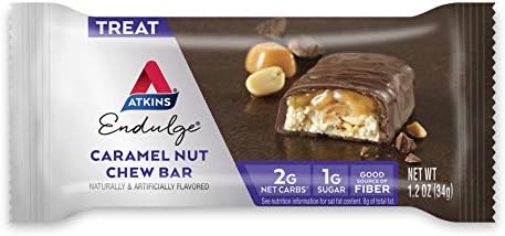 Atkins Endulge Caramel Nut Chew Bar, Dessert Favorite, 1g Sugar, Good Source of Fiber, 5 Count