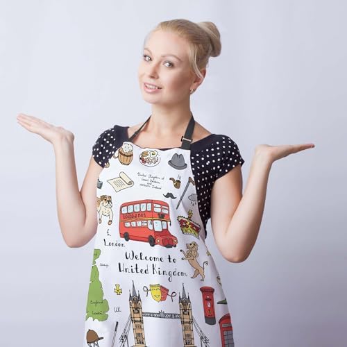 Barista Apron Women London Elements British Symbols Fun Aprons for Men for Kitchen Cooking Restaurant BBQ Painting Crafting Gardening 27” (W) x 31” (H), Waterproof Apron