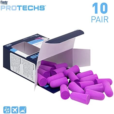 Flents Protechs Foam Ear Plugs, 10 Pair with Case for Sleeping, Snoring, Loud Noise, Traveling, Concerts, Construction, Studying, Work, Shooting, NRR 33, Purple, Disposable, Made in the USA