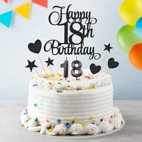 18th Birthday Cake Decorations, 18th Birthday Candles Cake Numeral Candles and Glitter Happy 18th Birthday Cake Toppers Set for Birthday Party Supplies (Black)
