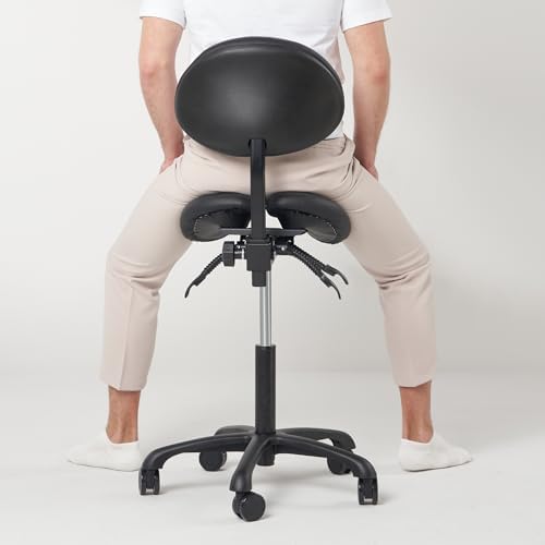 Master Massage Berkeley Ergonomic Saddle Stool - Two Split Seat Stool - Hydraulic Swivel Rolling Seat & Saddle Posture Correction Chair with Backrest - Black