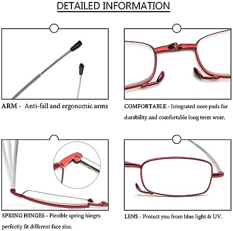 3 Pack Folding Reading Glasses with Keychain Compact Bags Women Men Blue Light Blocking Spring Hinge Portable Pocket Readers,Black Blue and Red 2.0