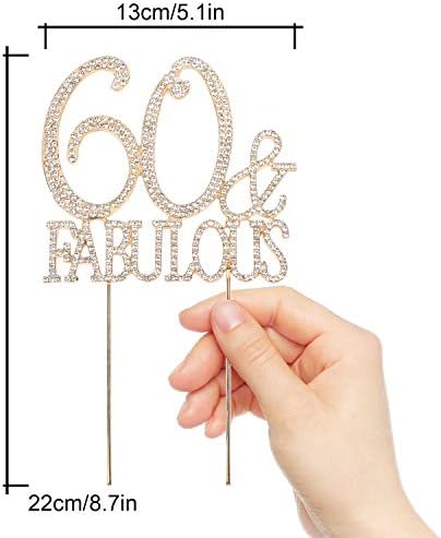 60 & Fabulous Cake Topper 60 Years Birthday Or 60th Wedding Anniversary Gold Crystal Rhinestone Party Decoration