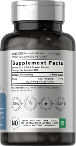 Horbäach Methyl Folate Supplement | 1000 mcg | 200 Capsules | 5-MTHF | Folic Acid | Non-GMO, Gluten Free Methylfolate