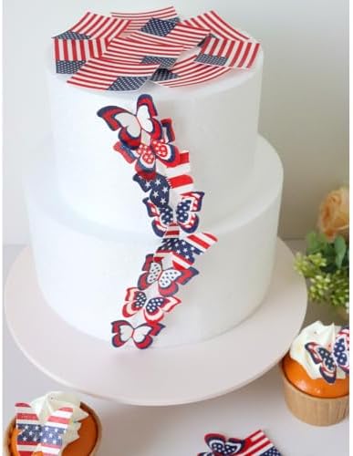 50PCS Edible American Flag Butterfly Cake Decorations Patriotic Wafer Cupcakes Toppers for 4th of July, Independence Day Parties & Birthday Celebrations