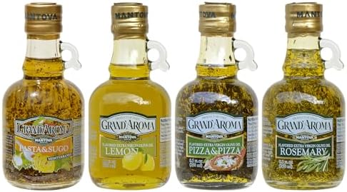 Mantova Grand'Aroma Flavored Extra Virgin Olive Oils, Variety Gift Set, 8.5 Oz Bottles, Pasta & Sugo, Pizza & Pizza, Rosemary, Lemon, Made in Italy (Pack of 4)