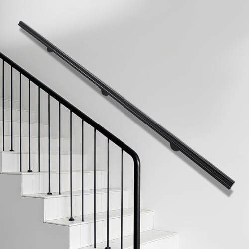 Wooden Stair Handrail, 7FT Decorative Railing for Stairs, 330lbs Load Wall Mount Non-Slip Handrail with Brackets for Indoor/Outdoor Use (Black)