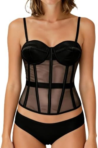 YUNAR Women's Mesh Overbust Corset, Underwired Padded Bust, Removable Straps, 10 Bones Shapewear Going Out Top