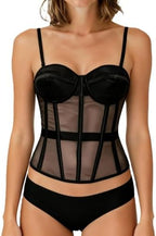 YUNAR Women's Mesh Overbust Corset, Underwired Padded Bust, Removable Straps, 10 Bones Shapewear Going Out Top
