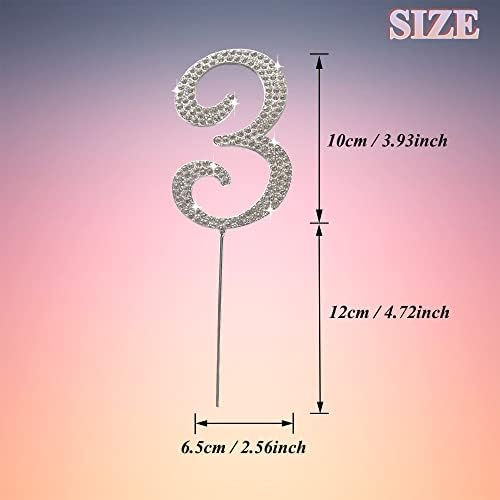 Cake Topper Silver Metal Number 3, Diamond Cake Decoration with Sparkle Rhinestone for Birthday Wedding Anniversary Party