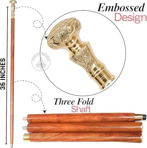 Vintage Brass Handle Victorian Telescope Fold able Wooden Walking Stick Walking Cane Ideal Gift