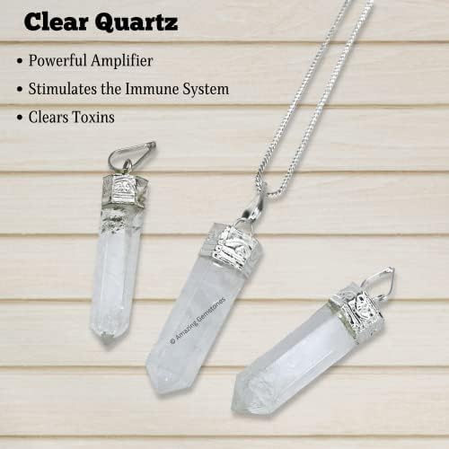 Amazing Gemstone Clear Quartz Crystal Pencil Point Pendant Necklace with Adjustable Cord - Natural Healing Crystals and Stones for Men, Women