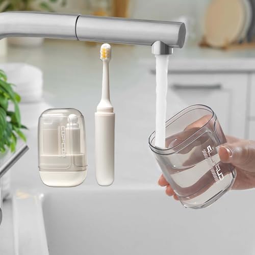3-in-1 Toothbrush Travel Case Kit - Foldable with Mouthwash Cup, Toothpaste Dispenser, Portable Tooth Brush Holder for Camping, Business Trips, and Daily Use (Cream)